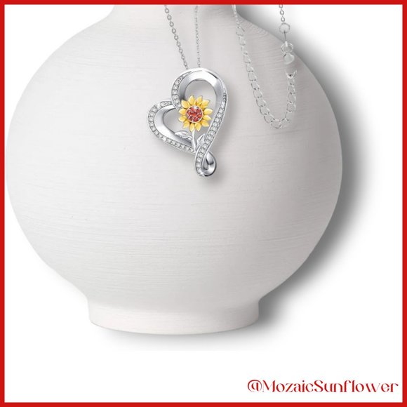 NEW Silver Stylized Heart with Sunflower Gold Petals and Amber Crystals Necklace - Picture 7 of 8